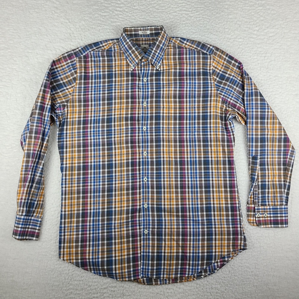 Peter Millar Dress Shirt Mens Large Blue Brown Gray Plaid Cotton Button Up